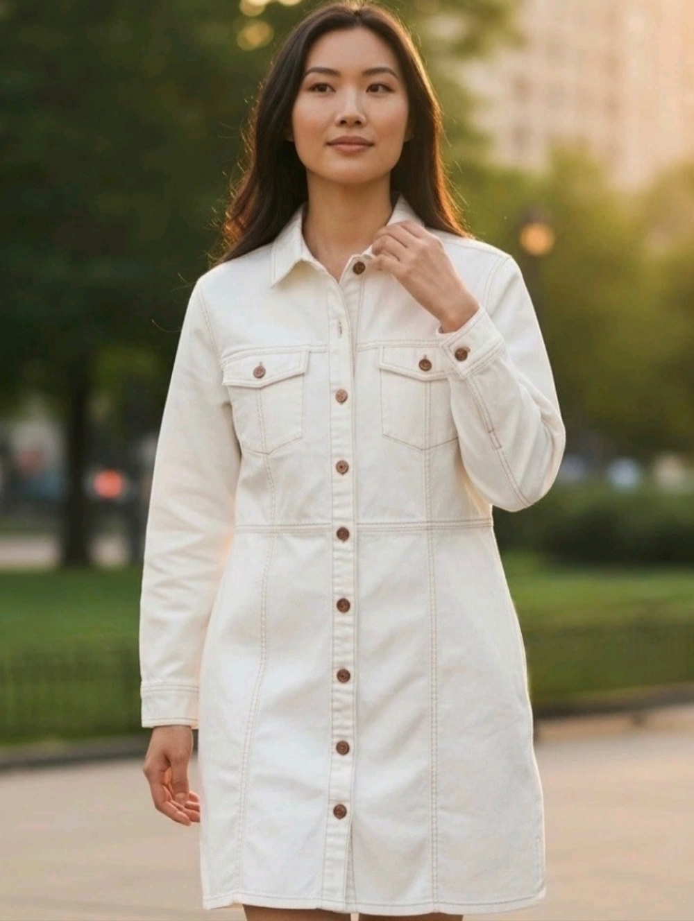 Frye Womens Western Chic Style Bone Denim Shirt Dress Sz Med  Buttons Cotton